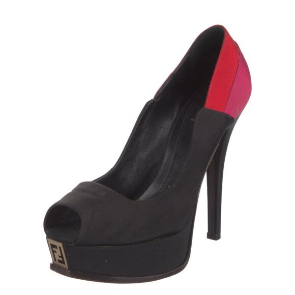 Fendi Authentic Black Red Pink Peep Toe High Heel Pumps 9 - Picture 2 of 8